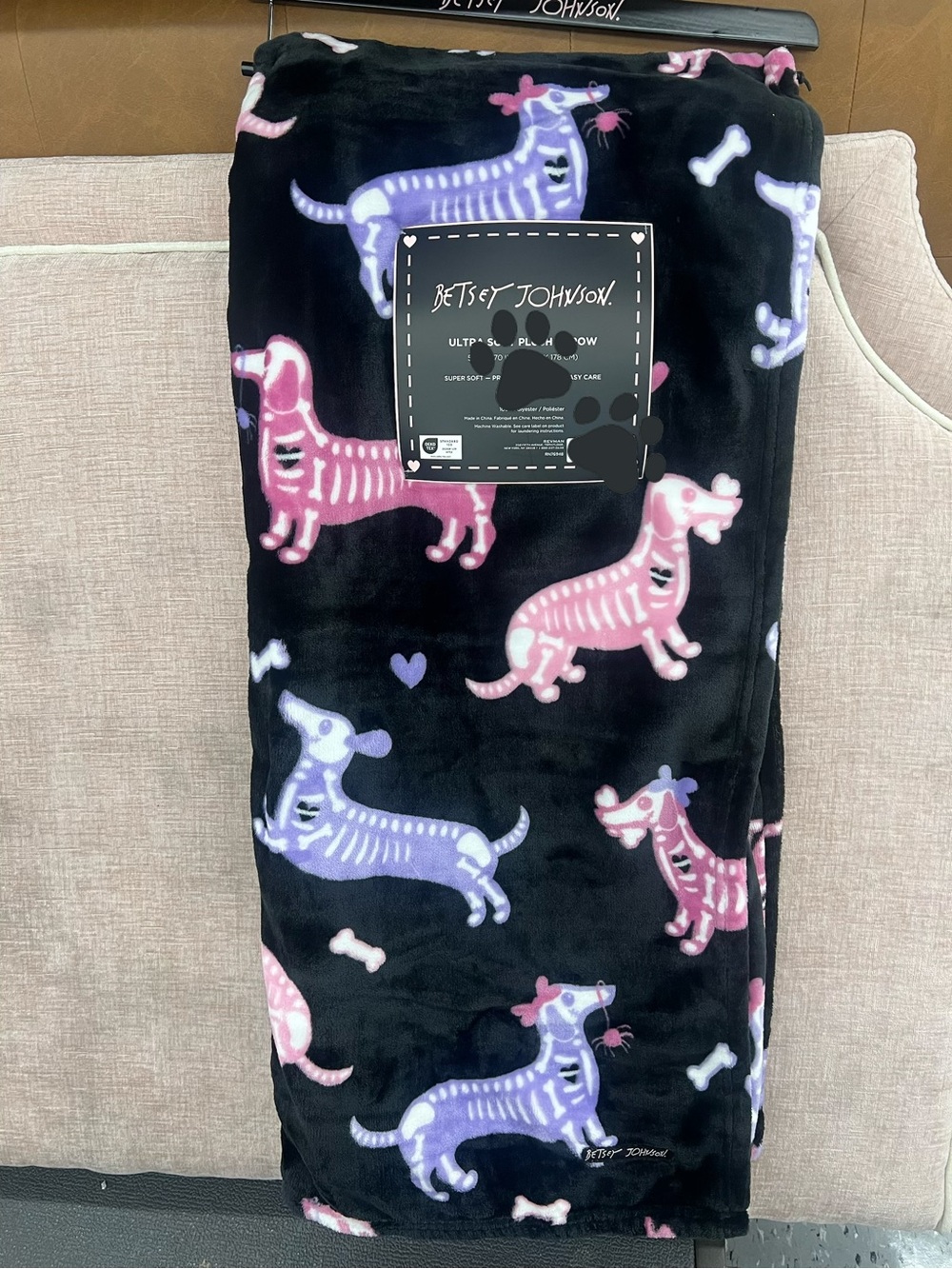Betsey Johnson Halloween Skeleton Dachshund Plush Throw Blanket